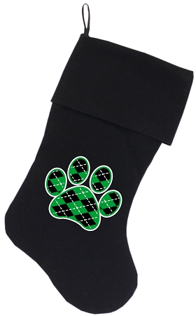 Argyle Paw Green Screen Print 18 inch Velvet Christmas Stocking Black